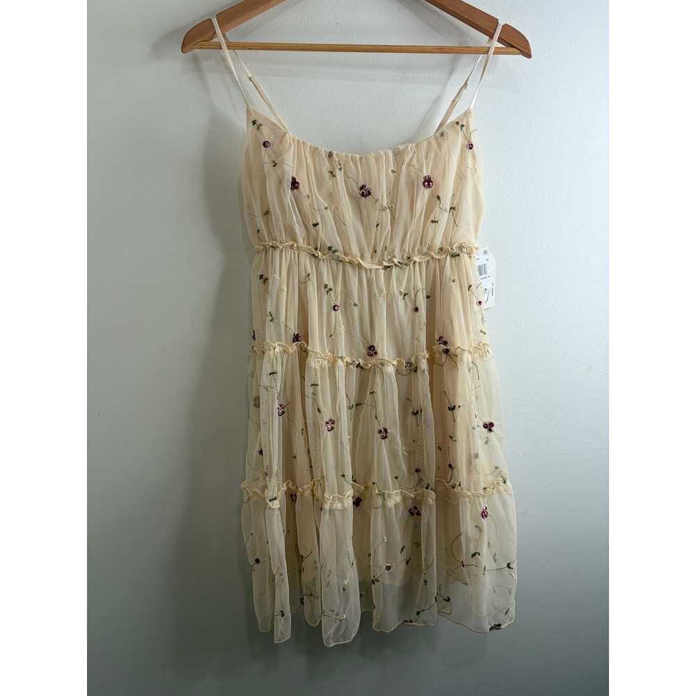 Row A Floral Embroidered Mesh Tiered Mini Babydoll Dress XS Boho Fairy Y2K 90s